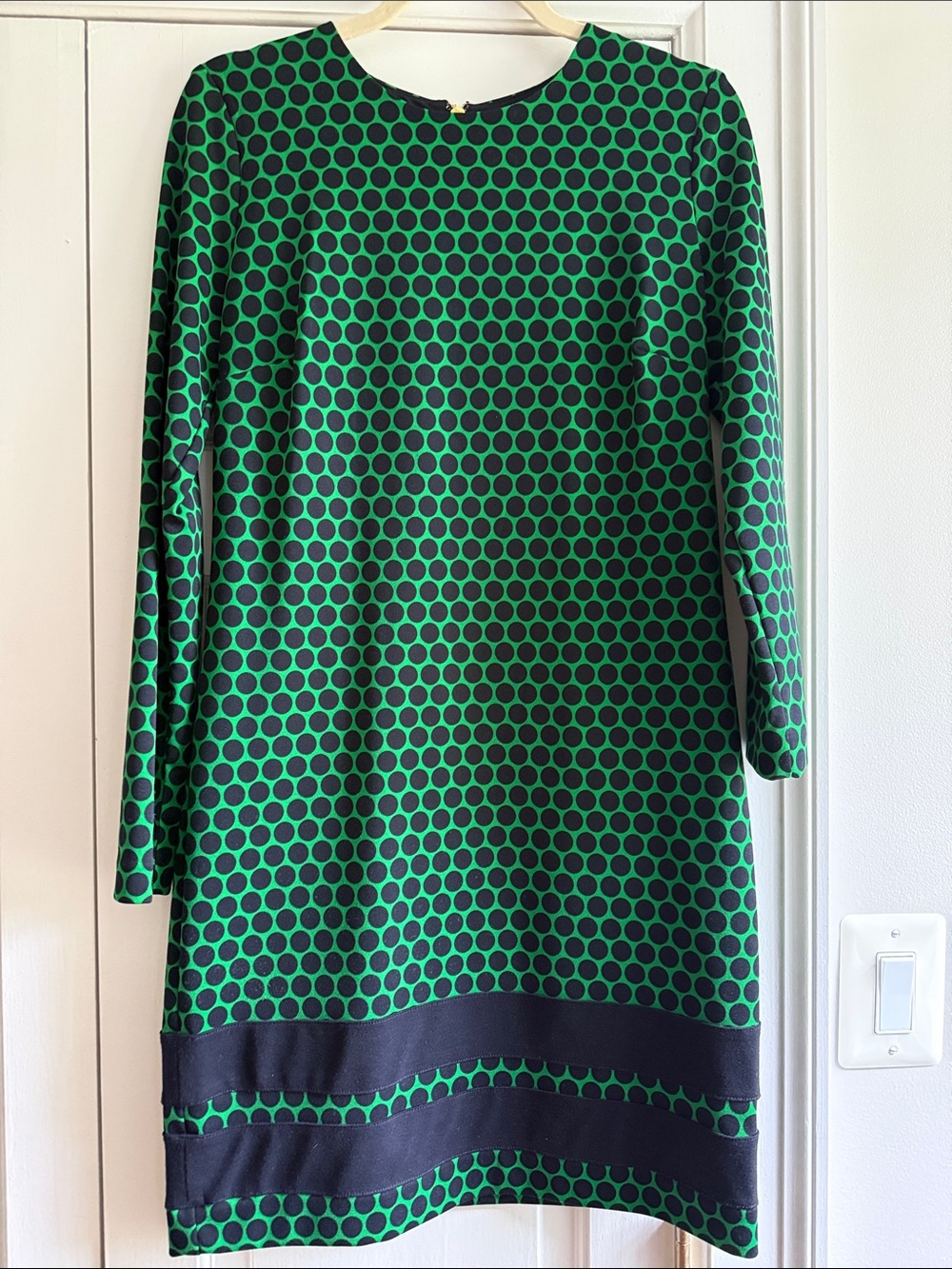 Michael Kors Kelly Green and Navy Polka Dot Long Sleeve Shift Dress